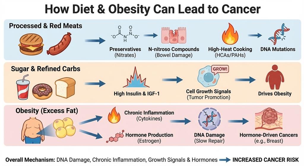 AbayisengaOliv3's tweet photo. 7th #CancerTips
Diet impacts cancer through DNA-damaging chemicals in processed meats and carcinogens from high-heat cooking.High-sugar diets and obesity trigger chronic inflammation and elevated insulin levels,which act as growth signal for abnormal cells multiply uncontrollably https://t.co/QEp5ULgZid