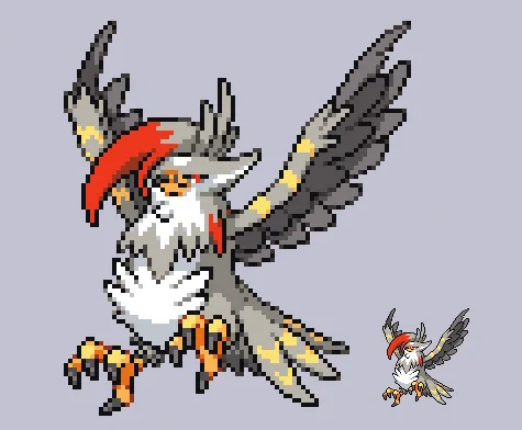 #pixelart #PokemonLegendsZA メガムクホーク。 なんでメガルチャブル出した直後に同じタイプにしてしまったんだい???