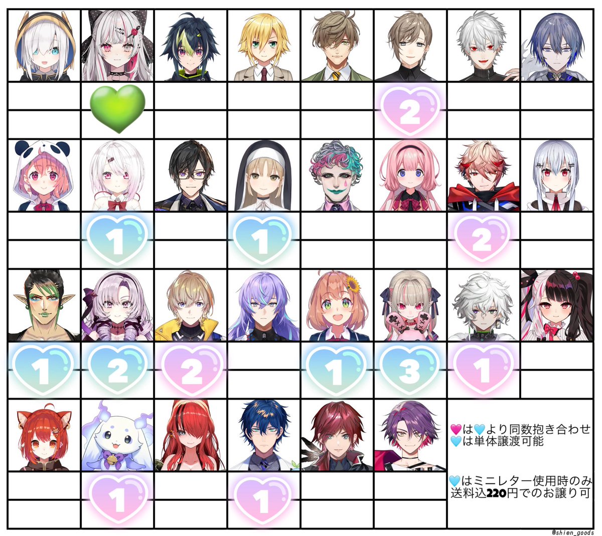 【譲渡】
にじさんじウエハース

譲）画像のもの
求）定価（220）+送料または💚(知人分)

🩷は🩵から同数抱き合わせ必須
🩵のみ単体譲渡可
求💚は譲🩵との交換のみ

初回リトリン必読
検索からもお気軽にお声かけお願いいたします。