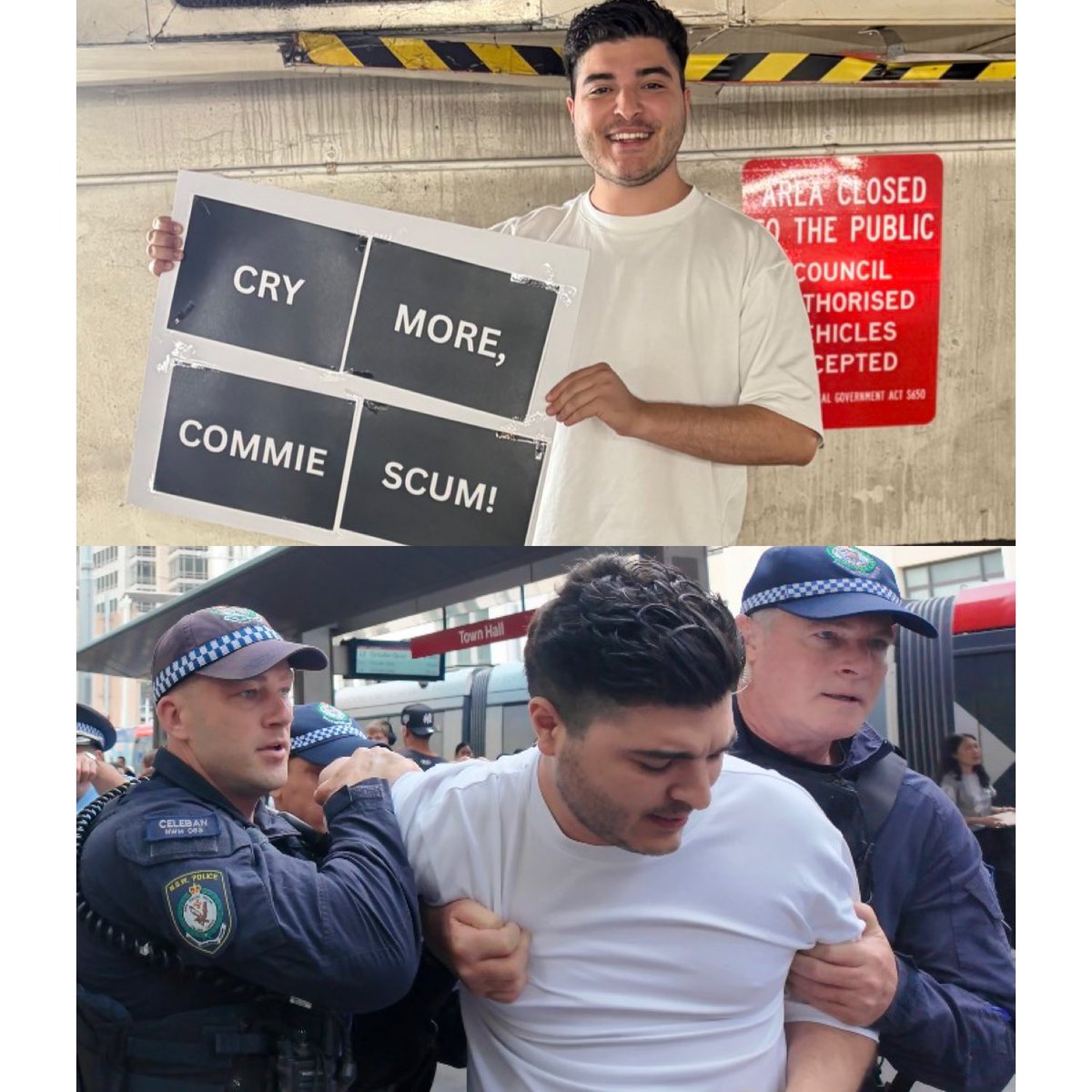 DrewPavlou's tweet image. Australian police tried to break my arm with a stress position because I held an anti-communist sign at the pro-Maduro commie rally in Sydney. 

I stand by what I said, fuck communism

God bless the United States of America where they actually have free speech