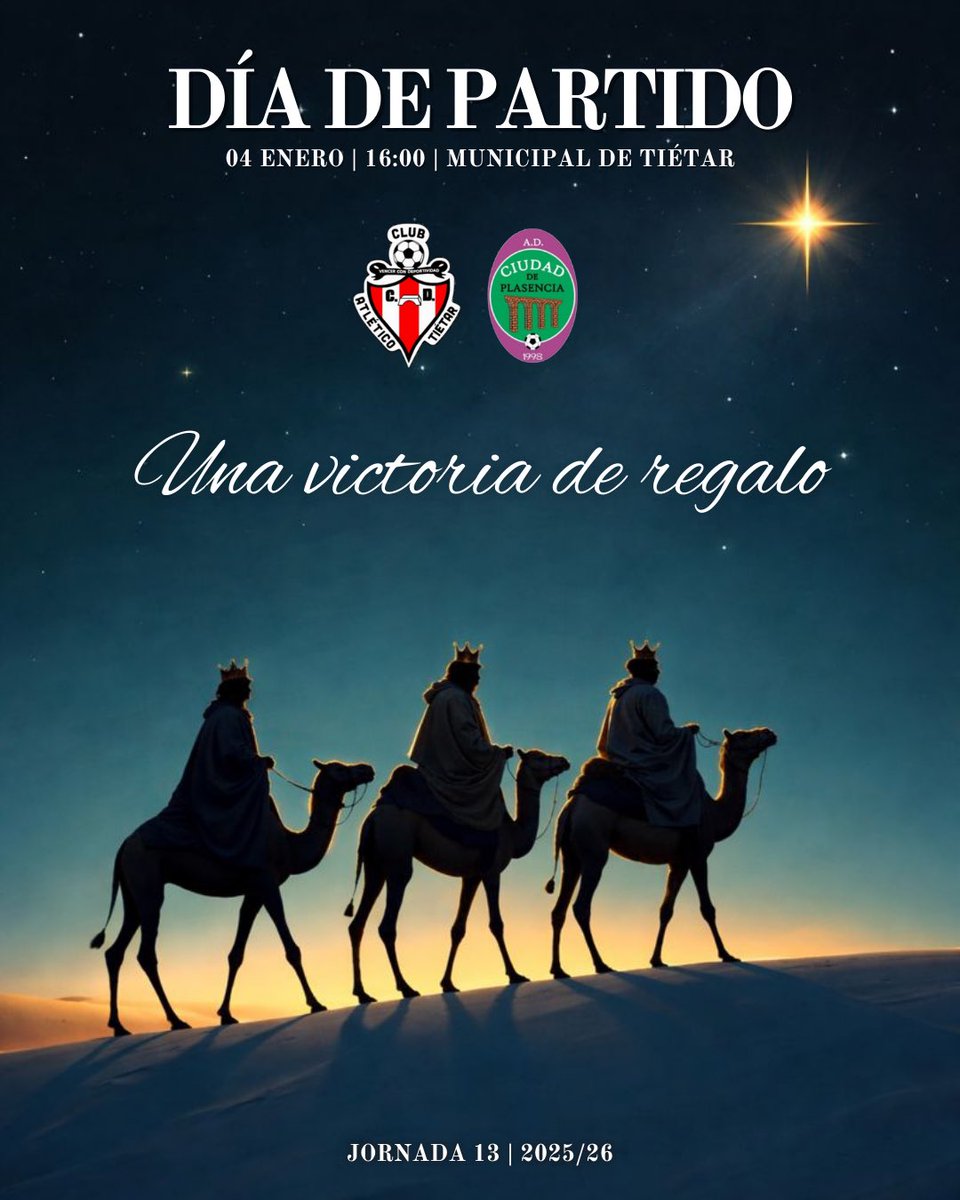 ¡DÍA DE PARTIDO! ⚽️

🆚 <a href="/ciudaddeplasenc/">Ciudad de Plasencia</a> 
⏰ 16:00h
🏟️ Municipal de Tiétar

#NuestraHistoriaSeEscribeContigo