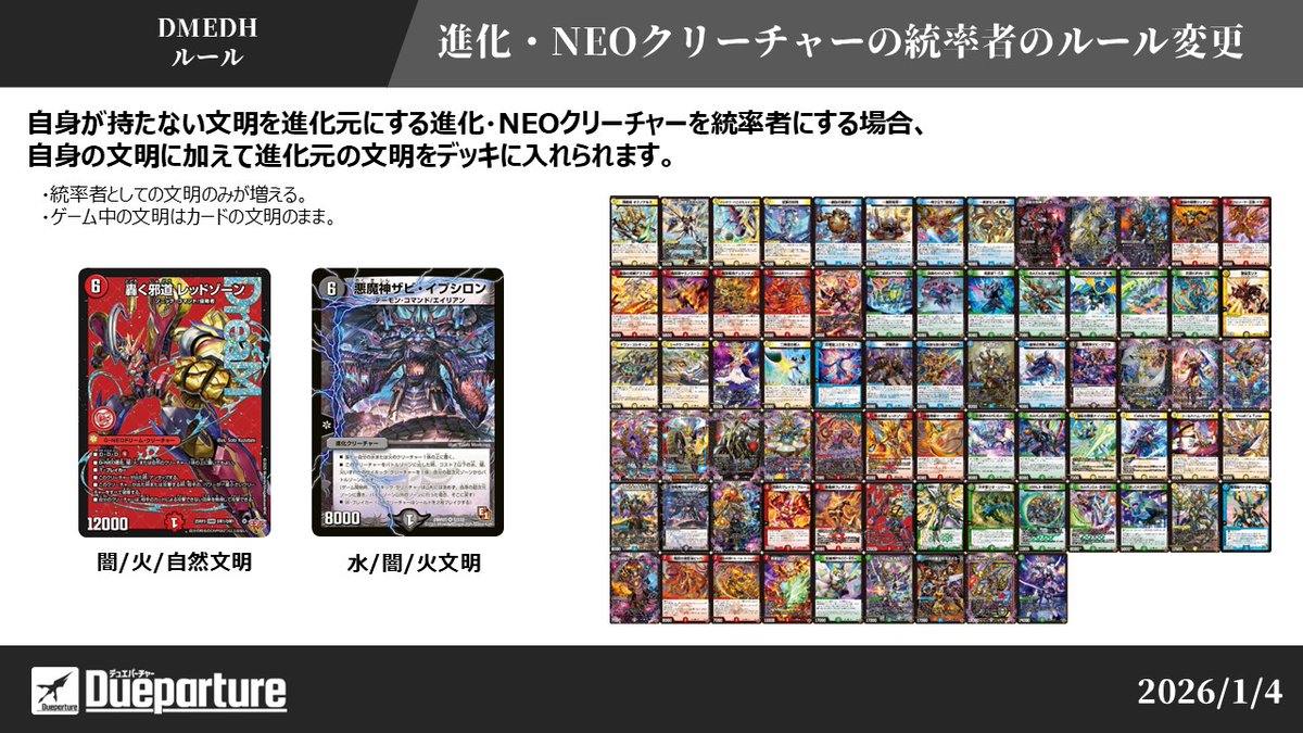 akrecordvariant's tweet photo. 【DMEDHルール更新：2026/1/4】
①進化またはNEOクリーチャーの進化元に、自身の文明以外の文明を指定している場合「統率文明」、つまり統率者としてデッキに入れられる文明に加えられます。
邪道レッドゾーンは火文明ですが、統率者に指定すると闇・火・自然の3色のデッキを組むことができます。 https://t.co/Sdec25zsGg