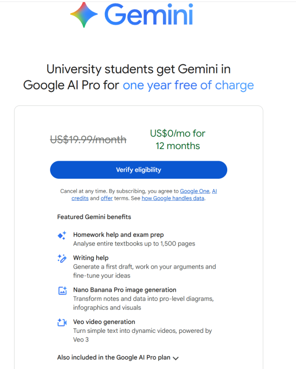 0xToshio_O's tweet photo. 【新】Gemini 过学生认证，白嫖 Gemini 一年会员

符合条件的国家和地区
首先你需要准备一个支持本次活动地区的谷歌账号，比如美国地区，这是符合条件的所有国家地区：
阿根廷、澳大利亚、奥地利、孟加拉国、比利时、玻利维亚、保加利亚、加拿大、智利、捷克共和国、丹麦、多米尼加共和国、厄瓜多尔、萨尔瓦多、芬兰、法国、加纳、希腊、危地马拉、匈牙利、伊拉克、以色列、意大利、约旦、肯尼亚、马来西亚、摩洛哥、荷兰、尼加拉瓜、尼日利亚、巴基斯坦、秘鲁、菲律宾、波兰、葡萄牙、罗马尼亚、卢旺��、新加坡、南非、西班牙、斯里兰卡、瑞典、瑞士、台湾、泰国、土耳其、乌克兰、阿拉伯联合酋长国、美国、委内瑞拉、越南、津巴布韦

如何查看自己的账号地区？
查看账号地区：
https://t.co/cnDh01g2hE

如果显示地区不对，则需要修改谷歌账号地区为美国

准备工作
①使用符合条件地区的谷歌账号，比如美国谷歌
②挂符合条件地区的节点，比如美国，最好是住宅

学生验证方法 
1.确认ip、账号地区没有问题后，进入会看到验证资格
https://t.co/s961vXThnn
2.点击 "Verify eligibility" 进入学生认证填写信息的页面

3.复制学生认证填写信息页面的网址（不要关闭这个网页），粘贴到https://t.co/auQaSnyU0d，提交认证，等待出现 "Success" 跳转代码。

4.认证通过后，重新刷新下学生认证填写信息页面。��可以去领取会员绑定卡了，

认证失败时的推荐操作步骤
1.无需更换账号或重新开始 验证失败时，不用更换认证账号
2.在当前 SheerID 链接提交纯色图片 在 SheerID 验证页面，持续上传纯色图片（纯黑色或纯白色皆可），以触发链接失效。
1.等待当前验证链接失效 连续提交纯色图像后，认证链接会自动失效。
2.创建新的认证链接 失效后，系统会自动生成一个新的 SheerID 认证链接。
3.将新链接发送给机器人 将新链接发送至机器人，机器人将继续使用该链接帮您完成下一轮认证。