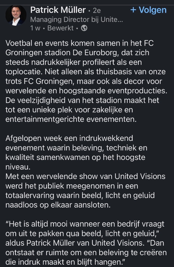 Vos142's tweet image. Events vind ik op zich prima en leuk zolang het maar niet wordt geïntroduceerd bij de opkomst van de FC bij thuiswedstrijden. #FCGroningen (bron LinkedIn)