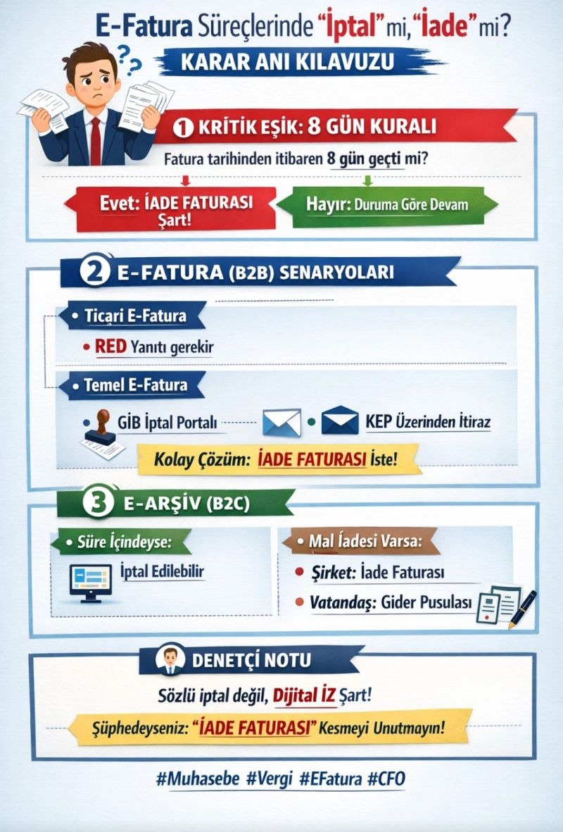 E-Fatura Süreçlerinde "İptal" mi, "İade" mi? (Karar Anı Kılavuzu)

​Muhasebe ve finans departmanlarının en sık yaşadığı ikilem: "Hatalı faturayı sistemden iptal mi edelim, yoksa iade faturası mı isteyelim?"

​Yanlış karar; KDV uyumsuzluğuna, stok hatasına ve vergi incelemesinde