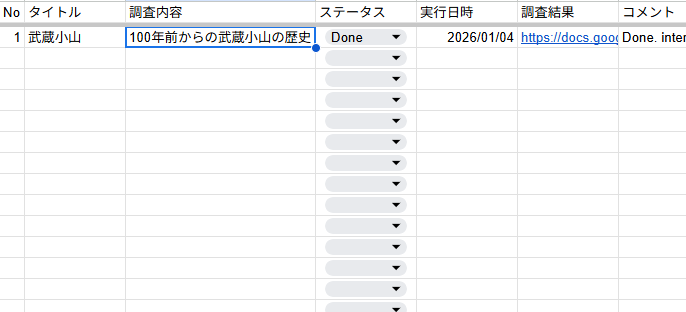 shimpei_k's tweet photo. 【久しぶりのAI検証ネタ🤖】
Google AI Studioで Deep Research API が公開されたと見て、GAS × スプレッドシートで試してみました。

🛌寝ている間にAIが勝手にリサーチを完了📄
スプシに「調査テーマ」を並べておくだけで、
寝ている間に複数テーマの調査を順番にDeep Researchが完了する状態を作ること。

📝 イメージはこんな感じ
・調べたいテーマをスプレッドシートに並べる
・あとは放置
・寝て起きたら調査結果がDocsにまとまっている

🔧 構成はシンプル
・スプシ：調査テーマ管理
・GAS：Deep Research APIを実行（プロンプトもGASに組み込み）
・Docs：結果を自動出力 → URLをスプシへ
※ API Key / GCP環境 / 請求設定は必須

⚙️ 実際の挙動
・ステータスが「Ready」の行だけを順番に実行
・完了すると「Done」に更新
・Docs URL／実行日時を自動追記
・トリガー設定で一定時間ごと（例：15分ごと、1時間ごと）に続きを自動処理
※画像のスプシ、調査結果のDocsイメージを参考にしてみてください

🤔 所感（正直）
・通常のDeep Researchより少し浅め？（プロンプト次第な気も）
・Docsの出力設計は要作り込み（今回は目次生成がうまく出来ず）
・処理コストはまだ未確認（明日チェック予定）

🔍 補足
・投稿の画像はNano Bananaで生成しています
・GASのコードも生成AIで作成
・個人のGoogle環境、機密情報を扱わない範囲で検証しています