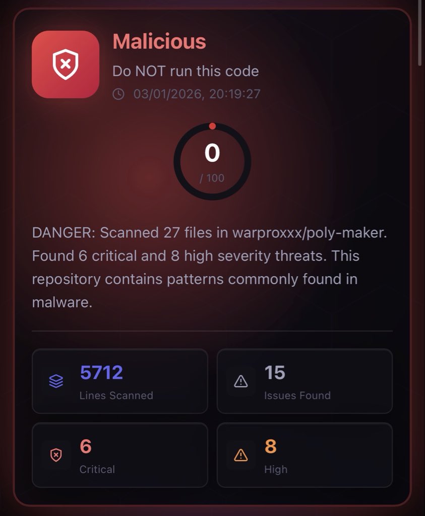 polymarketguard's tweet image. Hot take: 90% of people running Polymarket bots have never actually read the code they're executing.
You're trusting anonymous GitHub accounts with your private keys.
That's not degen. That's just careless.