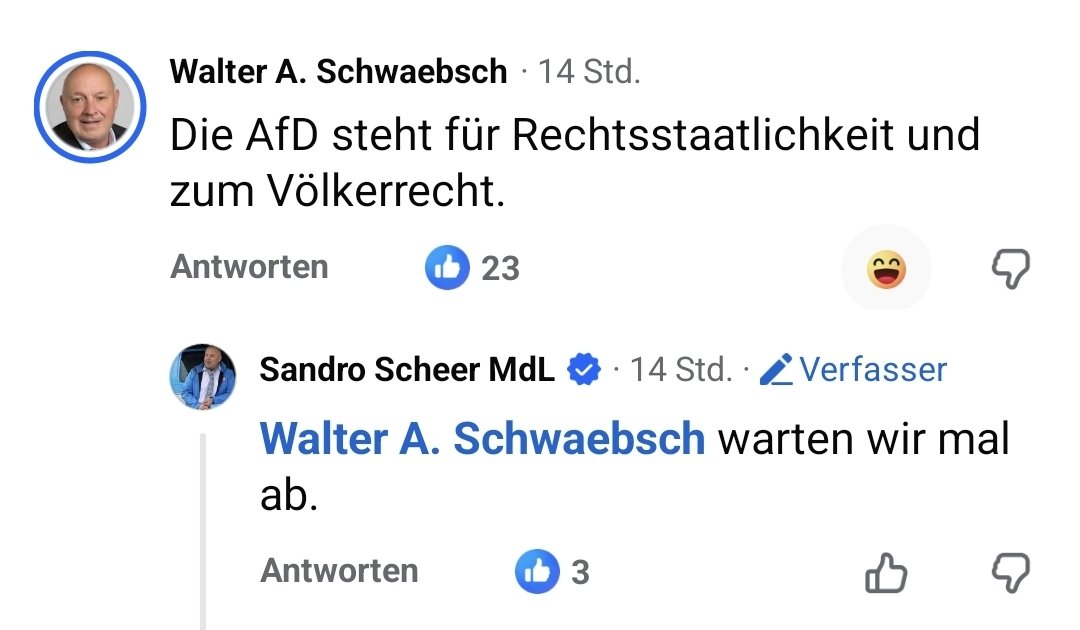 NickyAnnB_'s tweet photo. Ein Kommentar möchte die Abgeordneten der AfD daran erinnern, dass die AfD für Rechtsstaatlichkeit und zum Völkerrecht steht. Dir Antwort des #AfD Abgeordneten #SandroScheer ist entlarvend. https://t.co/ceeoZUI43o