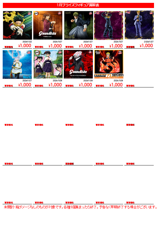 買取情報】 1月新作プライズフィギュアの買取訴求表を更新いたしました