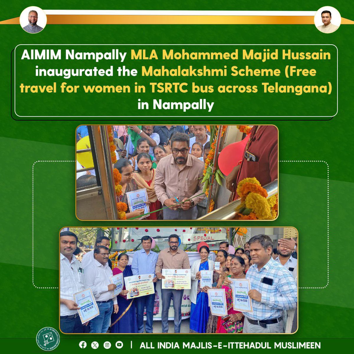 AIMIM Nampally MLA Mohammed Majid Hussain inaugurated the Mahalakshmi scheme (Free travel for women in TSRTC bus across Telangana) in the Nampally assembly constituency.

#AIMIM #majlis #ittehad #nampallyconstituency #MajidHussain #MahaLakshmiScheme #tsrtc #OurWorkIsOurIdentity