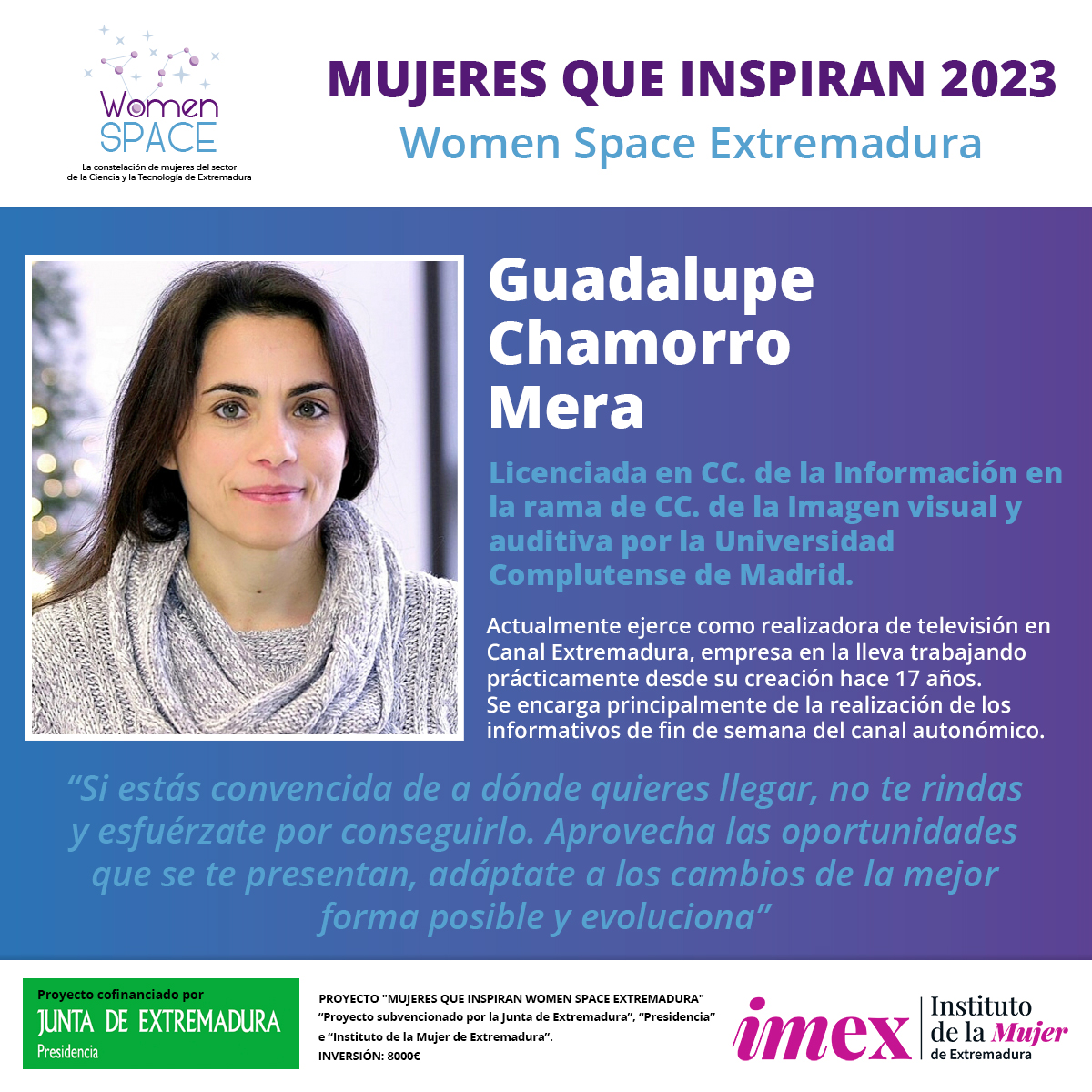 ✨ 𝐌𝐔𝐉𝐄𝐑𝐄𝐒 𝐐𝐔𝐄 𝐈𝐍𝐒𝐏𝐈𝐑𝐀𝐍 𝟐𝟎𝟐𝟑 ✨

Os presentamos a 𝐆𝐮𝐚𝐝𝐚𝐥𝐮𝐩𝐞 𝐂𝐡𝐚𝐦𝐨𝐫𝐫𝐨 𝐌𝐞𝐫𝐚, licenciada en CC. de la Información por la <a href="/unicomplutense/">Complutense</a> 👩‍🎓 Es realizadora de televisión en <a href="/cextremadura/">Canal Extremadura</a> 👉 womenspace.es/2023/11/16/gua…

#MujeresqueinspiranWS