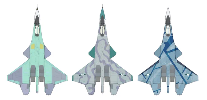Well this is the final final final ver of the Katskayan planes (frfr trust me)From left to  Pre-production color- 0013 Air Squadron (one of the first 4 squadrons to use the planes)- 0305 Quick Response Interception Air Group (Stationed on Katskaya's 3rd Mountain) 