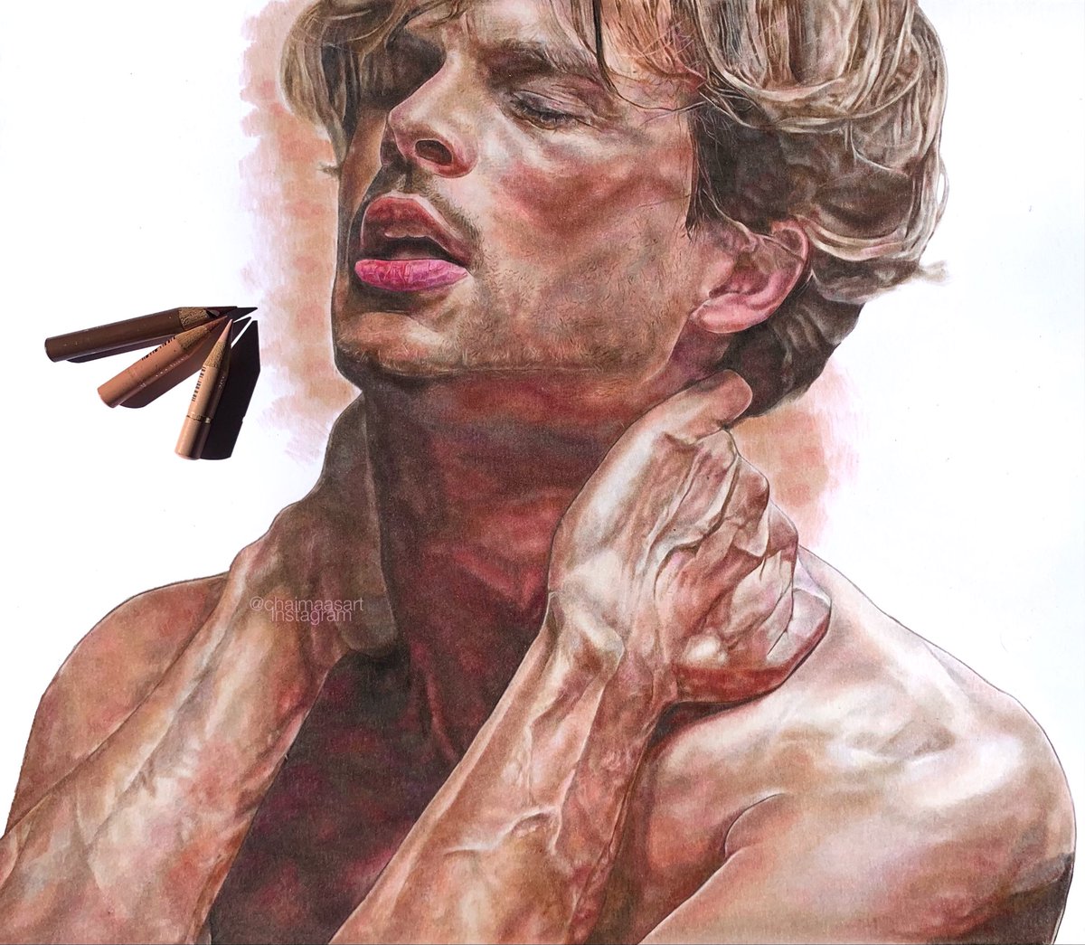 artbychaim's tweet photo. my 5th drawing of matthew gray gubler &amp; it’s him as chip from the movie ”68 kill” (2018) 💋 
made with faber castell polychromos colored pencils and time taken is 30-35 hours (1 week) 
@GUBLERNATION https://t.co/PLi1dA5O6v