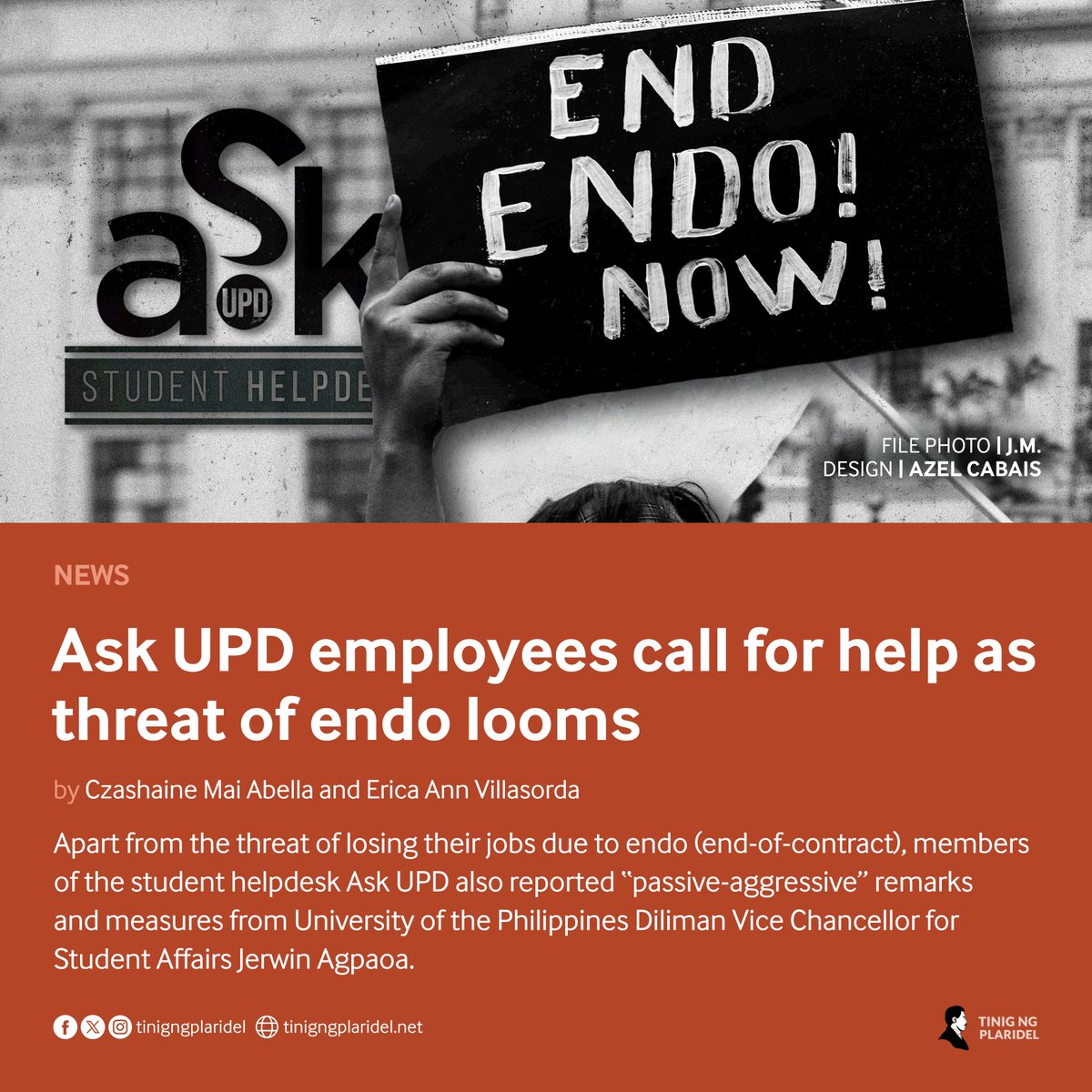 tinigngplaridel's tweet photo. Several staff members under the UP Diliman Office of the Vice Chancellor for Student Affairs are at risk of losing their jobs by the end of December, following allegations about the non-renewal of their contracts.

Read: https://t.co/F1OUPkF7MT

#HelpTheHelpdesk https://t.co/NwB9jUtJrF