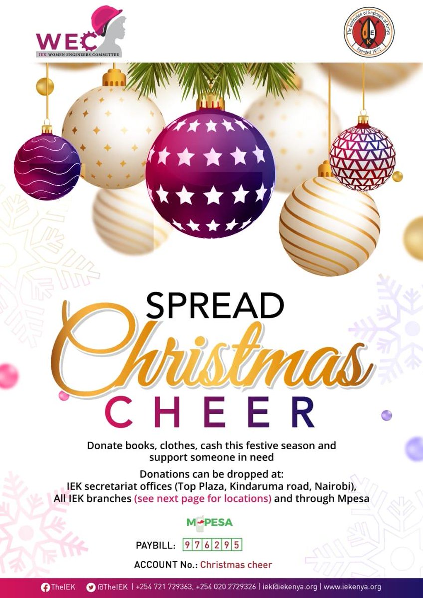 Eng_DavidMuli's tweet photo. The Christmas vibe is on, @TheIEK Women Engineers Committee under the leadership of Eng. @floeKamanja will be celebrating with the less fortunate. Support the initiative and #SpreadChristmasCheer with those in need. Be blessed.
#EngineeringANewWorld
#EnhancingProfessionalism https://t.co/WAhHXwlP6q