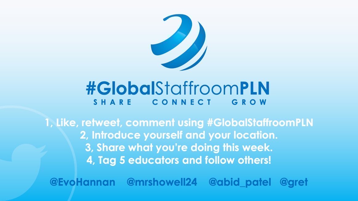 Hi all! Come join us! It's a great way to feel supported and build new friendships.

👋 Introduce yourself, what you're doing this week.
📢 Like, RT, comment with #GlobalStaffroomPLN🌍
💙 Invite others in by tagging them in
 🥳 Follow others, create friends and have fun!