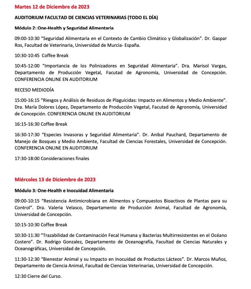 El programa del curso permitirá abordar de manera interdisciplinaria la importancia de la interdependencia entre la salud humana, animal y los ecosistemas. #OneHealth nos permite fortalecer la #Interdisciplina, la #Internacionalización y la #FormaciónInterprofesional en la #UdeC.