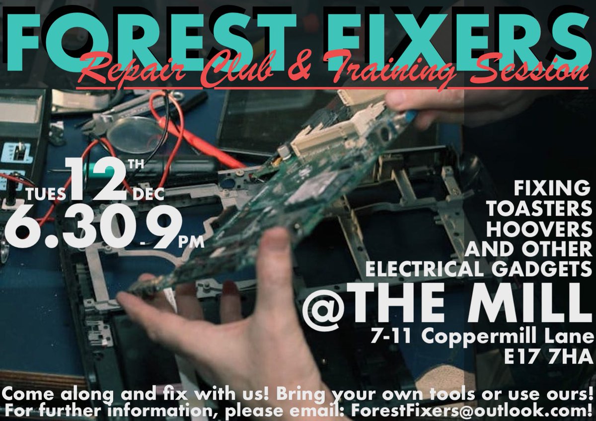 SCALLYWAG_MOSH_PIT (@scallywagmoshpi) on Twitter photo Last FOREST FIXERS #RepairClub + #TrainingSession of 2023 <a href="/TheMillE17/">The Mill E17</a> THIS Tues 6.30-9pm
Come along, we help you to fix your gadgets. Bring your own tools or use ours
For further info please mail forestfixers@outlook.com
<a href="/RestartProject/">The Restart Project</a> <a href="/theteamrepair/">Team Repair</a> <a href="/wfchub/">WF Community Hub</a> <a href="/LBWFculture/">Waltham Forest Culture</a> <a href="/our_wf/">Waltham Forest Communities & Participation Team</a> Last FOREST FIXERS #RepairClub + #TrainingSession of 2023 <a href="/TheMillE17/">The Mill E17</a> THIS Tues 6.30-9pm
Come along, we help you to fix your gadgets. Bring your own tools or use ours
For further info please mail forestfixers@outlook.com
<a href="/RestartProject/">The Restart Project</a> <a href="/theteamrepair/">Team Repair</a> <a href="/wfchub/">WF Community Hub</a> <a href="/LBWFculture/">Waltham Forest Culture</a> <a href="/our_wf/">Waltham Forest Communities & Participation Team</a>