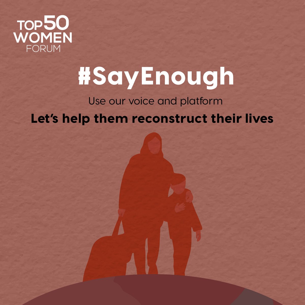 #SayEnough

We are calling everyone to support the reconstruction and rehabilitation of infrastructure

Email us: contact@top50women.com or DM us

#Top50WomenForum #Top50 #PalestinianWomen #WomenofPalestine #TheyAreSoulsNotNumbers