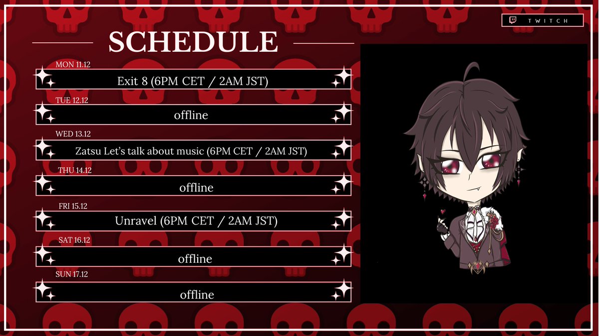 keicallahan's tweet photo. #Schedule for next week 🦇
Playing #8番出口 on Mon, doing another #zatsu on Wed (if you have any music recomms lemme know!) and #unravel on Fri.
Join the #KEIOS here:
https://t.co/iSUMg57aG3
#Vtuber #Vtubers #twitch #twitchstreamer #VtuberUprsing #streamer #ENVtuber https://t.co/rSwP22J0Ji