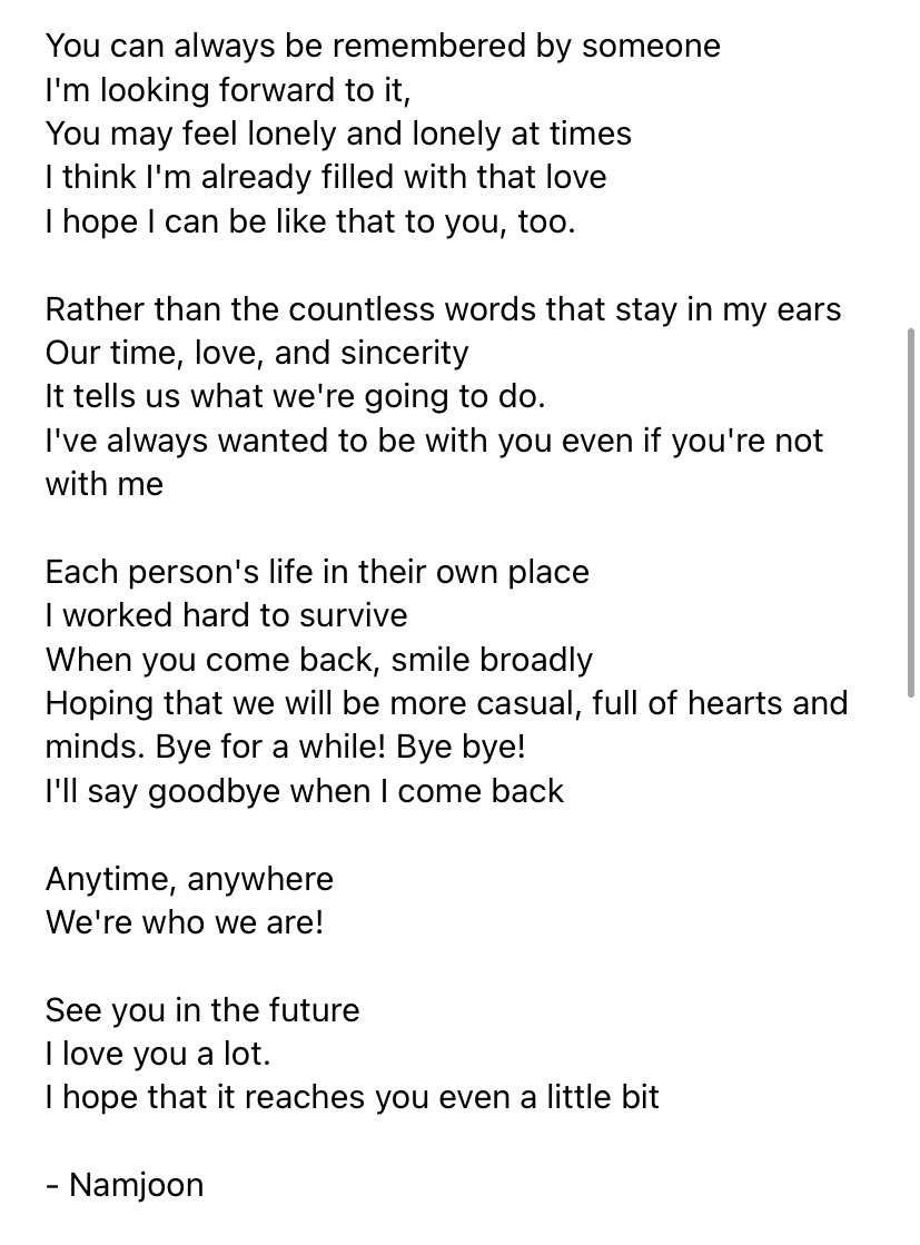 namjoon’s letter via weverse translation