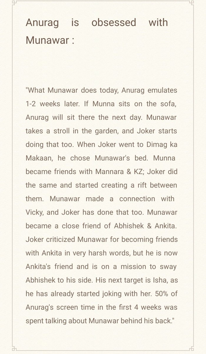Catwomaniya0's tweet photo. There is one obsessed #MunawarFaruqui lover in the Bigg Boss house who follows him at every step and that person in Anurag Dobhal.
Here are my 2 cents :
#MunAra #MunawarFaruqui𓃵 #BiggBoss17 #BB17 https://t.co/ArRMwsBHIj
