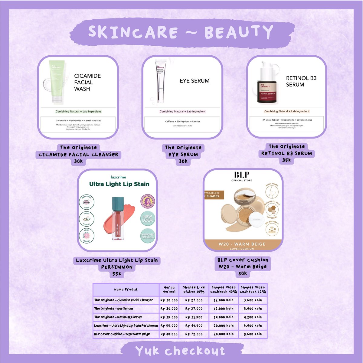 YukCheckout's tweet image. WTS jual
- BLP Cover Cushion - W20 Warm Beige 80k
- Luxcrime Lip Stain Persimmon 55k/pcs
- The Originote facial wash, eyeserum 30k/pcs 
- The Originote retinol serum 35k/pcs 

📍 dom JKT
bisa shopee live diskon 10%
bisa shopee video cashback 40% / 12%

#zonauang