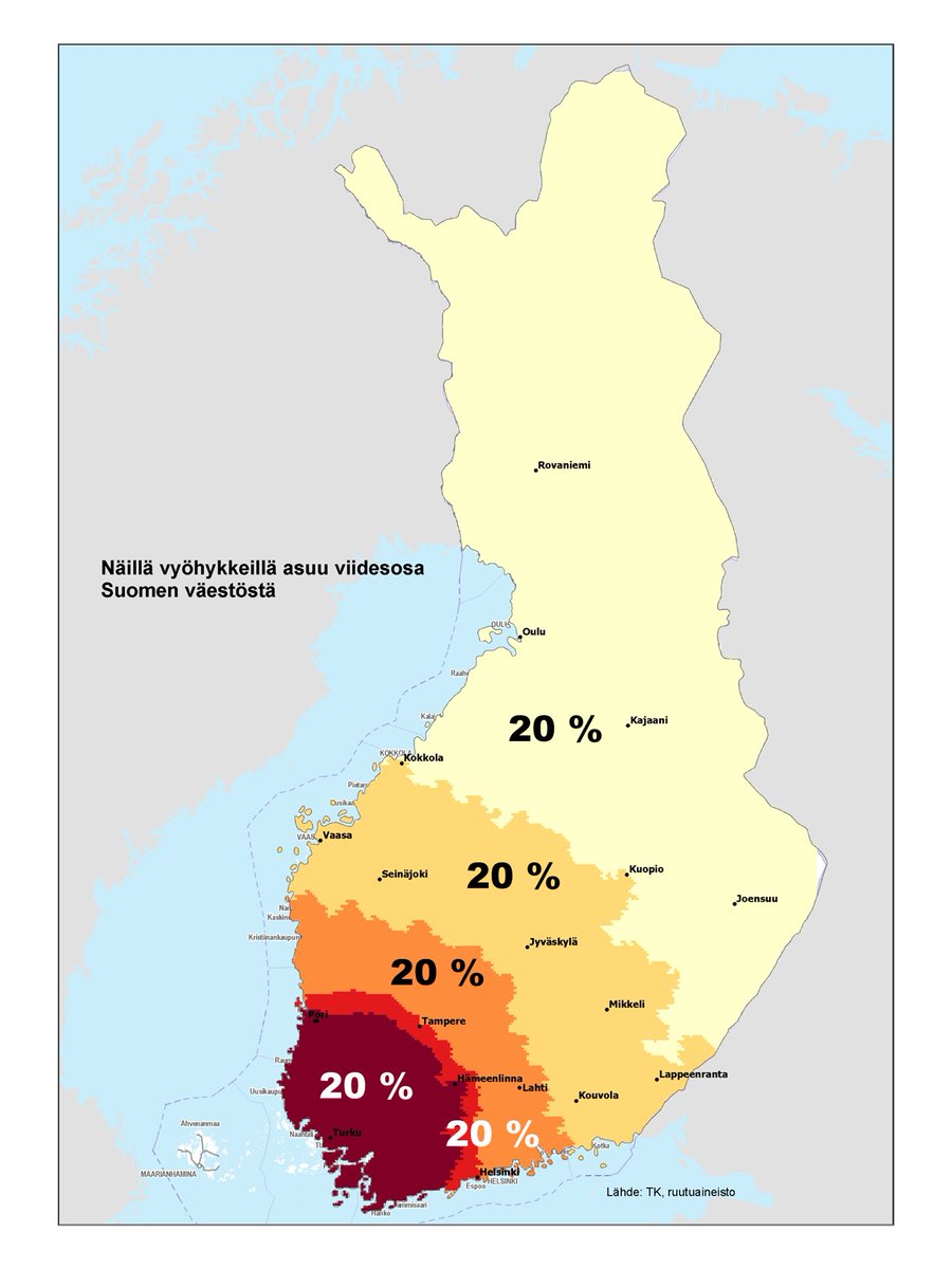 PERSPEKTIIVIÄ SUOMESTA LÄNNESTÄ ITÄÄN PÄIN KATSOTTUNA (ei etelästä pohjoiseen niin kuin yleensä). 

⚫️Jokaisella väritetyllä vyöhykkeellä asuu noin 1,1 miljoonaa ihmistä eli yksi viidestä suomalaisesta. 

⚫️Neljä viidestä suomalaisesta asuu Kokkola-Kuopio-Lappeenranta-linjan