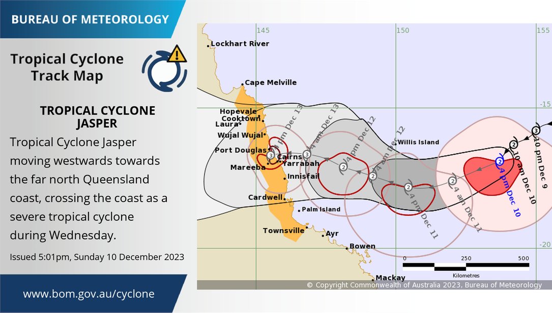 ⚠️🌀Tropical Cyclone Watch for #CycloneJasper has been issued for Cape Melville to Townsville, including #Cairns &amp; #Cooktown. A Flood Watch and Severe Weather Warning are also current in the region. 
Monitor updates at bom.gov.au/qld/warnings/ and on the BOM app.