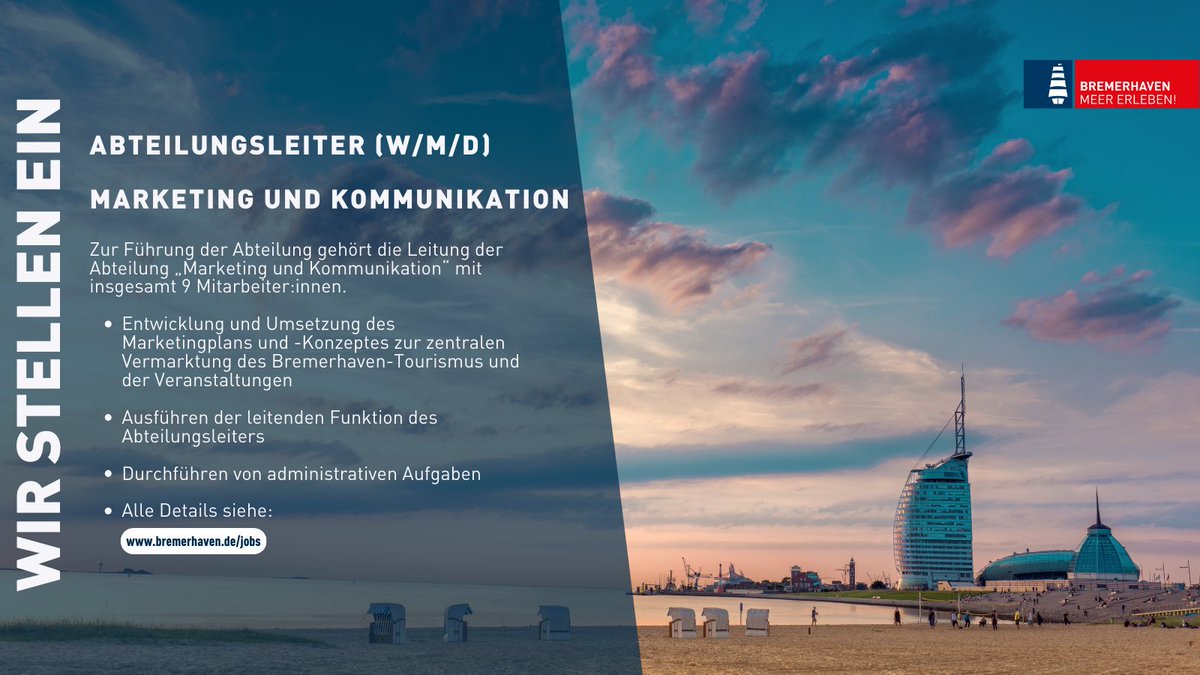 Wir suchen Dich! Alle Informationen zur #Stellenausschreibung sind jetzt auf bremerhaven.de/jobs zu finden. #bremerhaven #marketingleitung #tourismusmarketing #job #marketingundkommunikation