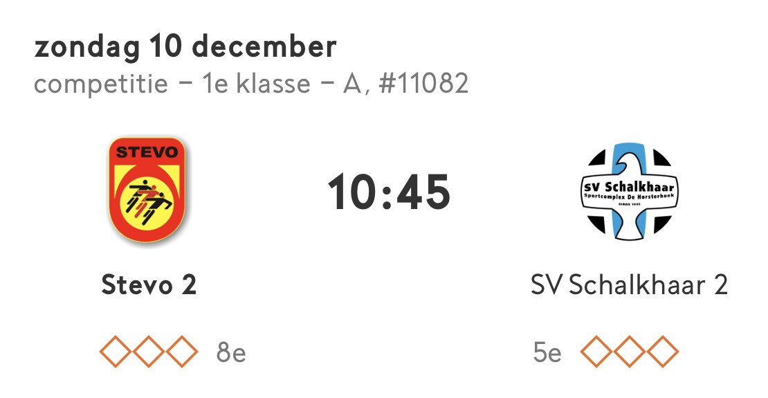 ❤️💛MATCHDAY❤️💛
⚽️ <a href="/RKVVSTEVO/">STEVO</a> 2 - <a href="/SVSchalkhaar2/">SV Schalkhaar 2</a> 
⏱️ 10:45 uur 
🏟 Sportpark De Peuverweide
📍 Achter de dann’ - Geesteren