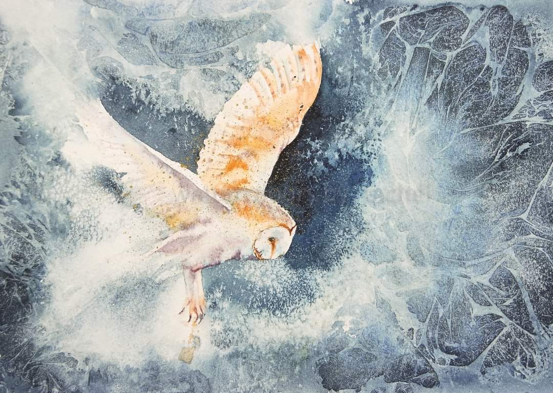 Watercolours By Rachel, Advent Calendar Day 10 Happy Sunday x Blue Winter Winter uses all the blues there are. One shade of blue for water, one for ice, Another blue for shadows over snow... #watercolour #watercolourpainting #blue #owl #Advent #texture #flight #art #painting