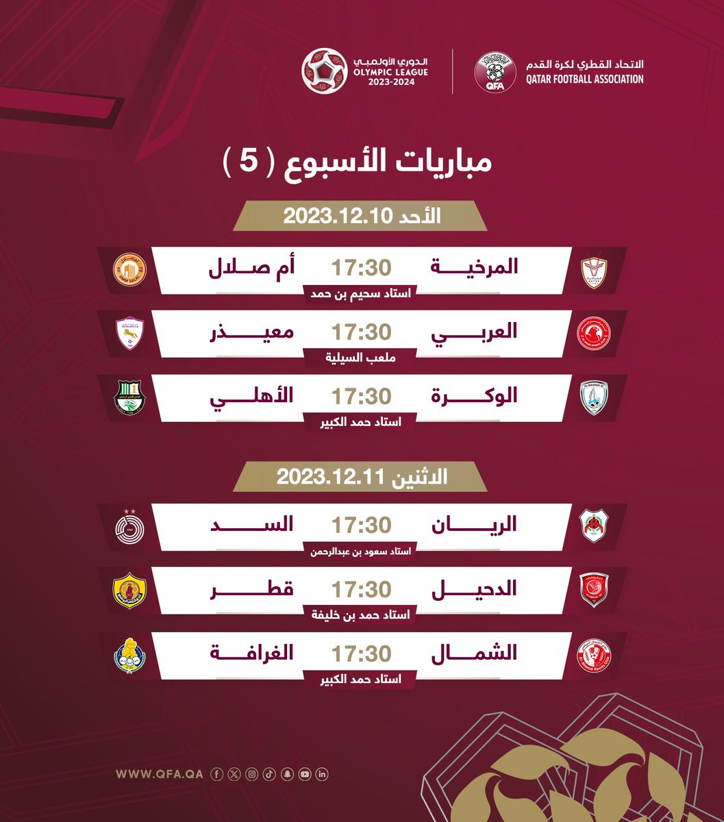 🗒- جدول مباريات الجولة الخامسة من #الدوري_الأولمبي لموسم 2023/2024🏆.