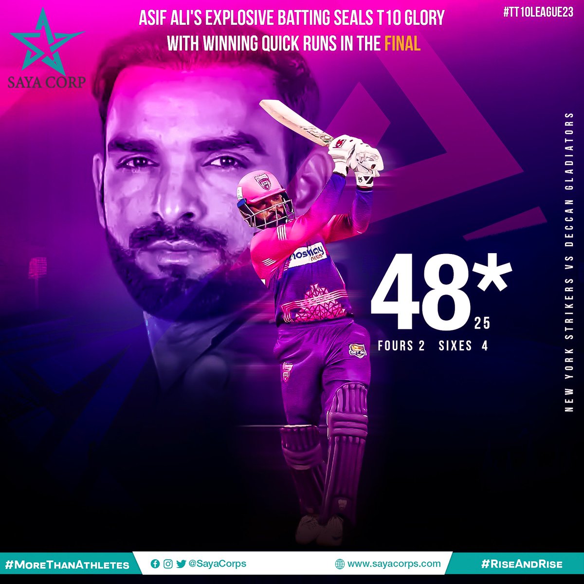 The #SayaCorporation superstar brought his #RiseAndRise spirit in the all important final to win the championship 🏆 @AasifAli45 scored 4️⃣8️⃣* off 2️⃣5️⃣ balls and finished the game for his side. His knock included 4️⃣ massive sixes. We congratulate him on winning the T10 League…