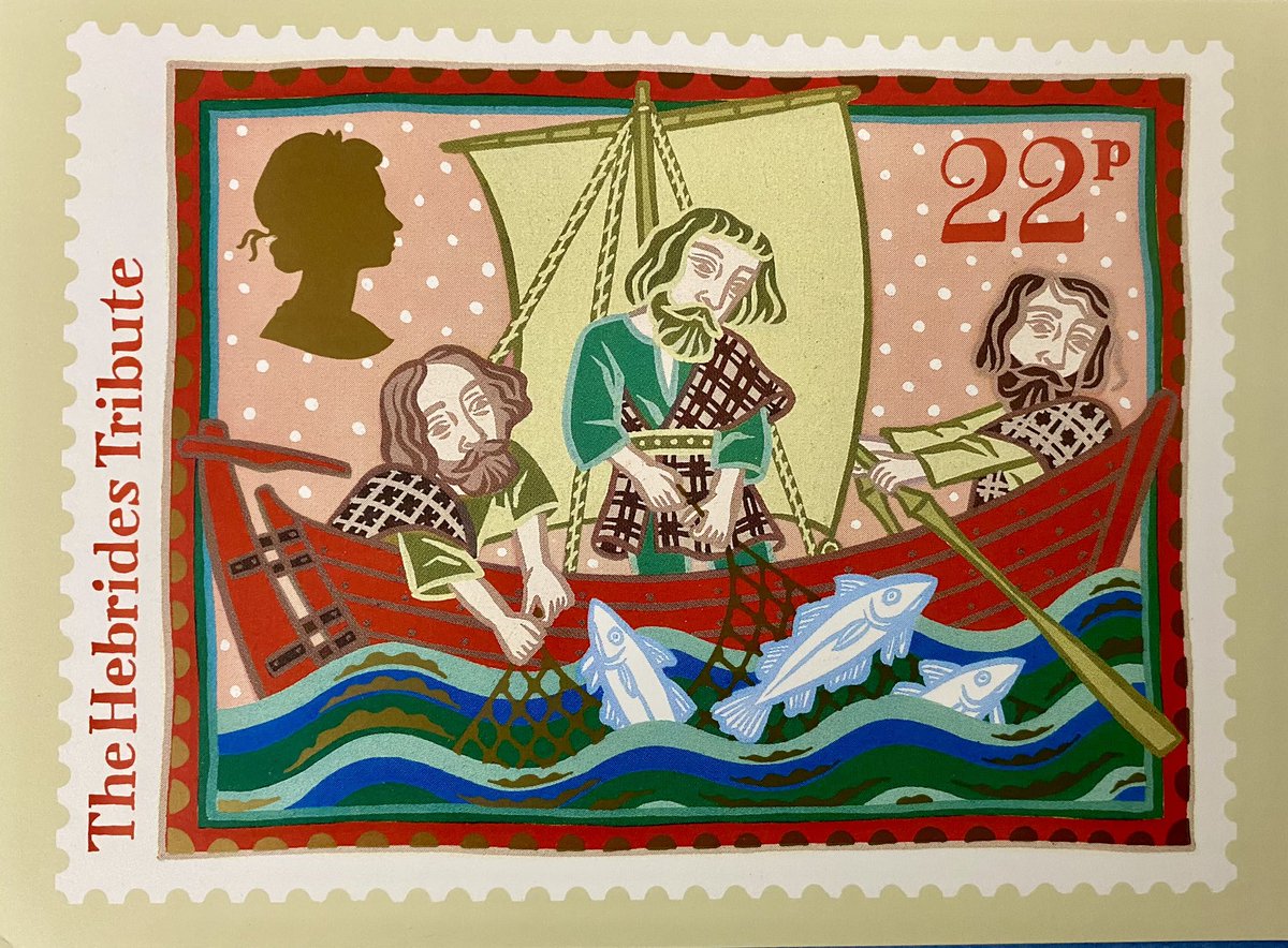 BElliottAuthor's tweet image. The Hebrides Tribute.
Christmas stamp/card issued in 1986 from Lynda Gray’s brilliant ‘fisherfolk’ design. Only 22p!  #Hebrides #Christmas #medieval 
@IMcMillan @IndentDesign @ImmortalEgypt