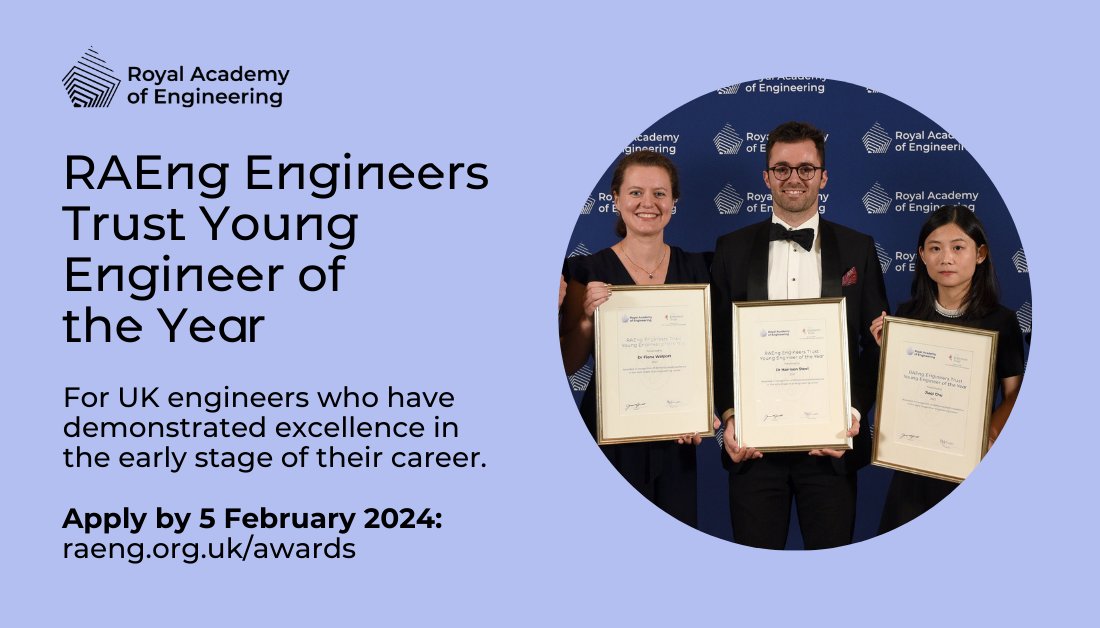 Nominations for the 2024 Young Engineer of the Year, supported by the Worshipful Company of Engineers, are now open.

Five outstanding early-career UK engineers will be recognised with a £3,000 prize. Discover more and nominate today: raeng.org.uk/awards #RAEngAwards