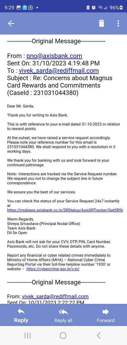 vivek_sarda's tweet image. Hi @AxisBank, Rimender 7, I have been facing an ongoing credit card issue which remains unresolved despite assurances from Shreya Srivastava (P N O ) that it would be resolved within 3 days starting from 31st Oct. Request for resolve  #AxisBank #CreditCardIssue #UnresolvedIssue
