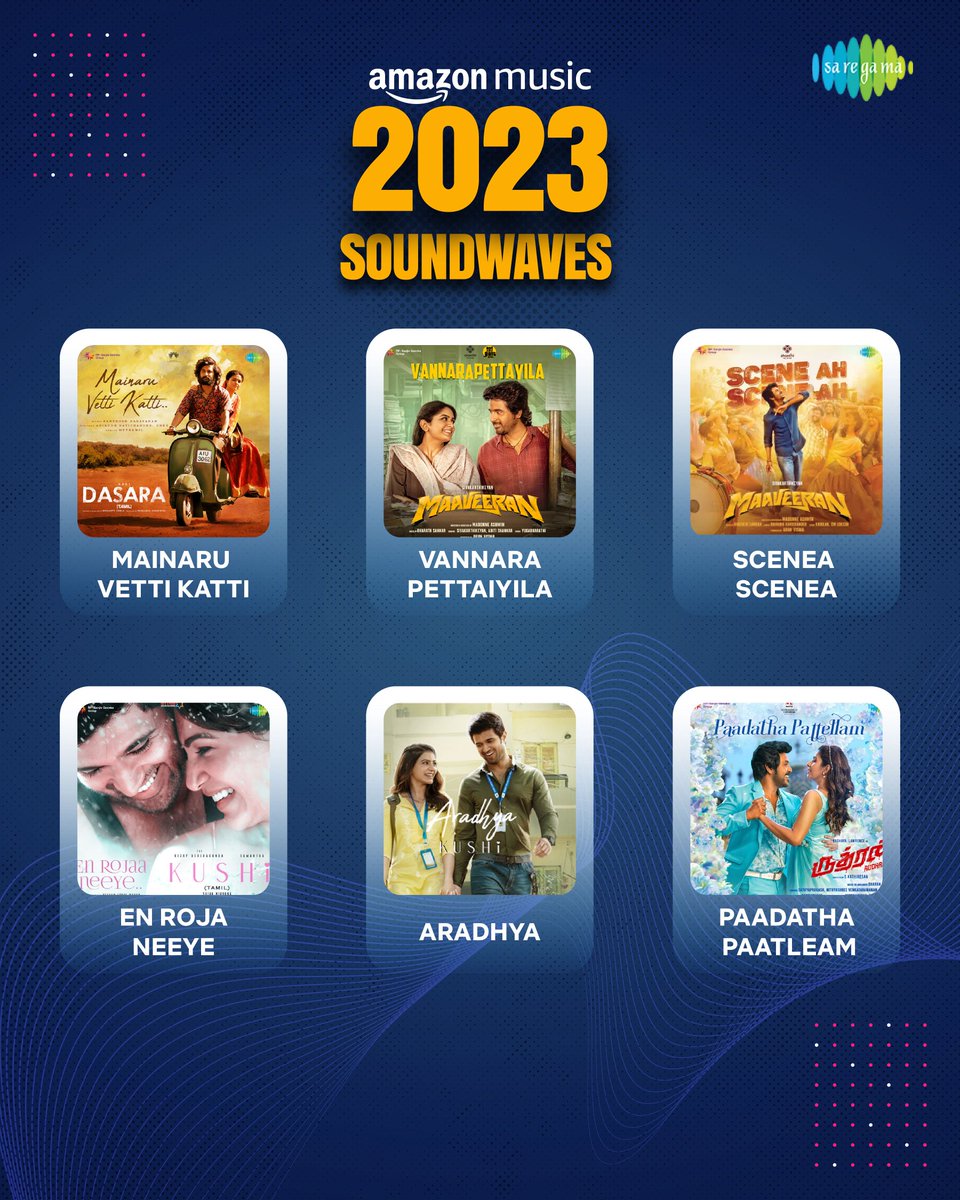 saregamasouth's tweet photo. Unveiling The 2023 Top Tracks of #Saregama on @AmazonMusicIN 🎶
Comment Your Favorites Of The Year Below💬
#MainaruVettiKatti #EnRojaNeeye #Vannarapettayila #Aradhya #PaadadhaPattellam #SceneaScenea https://t.co/15HM4pYJzv