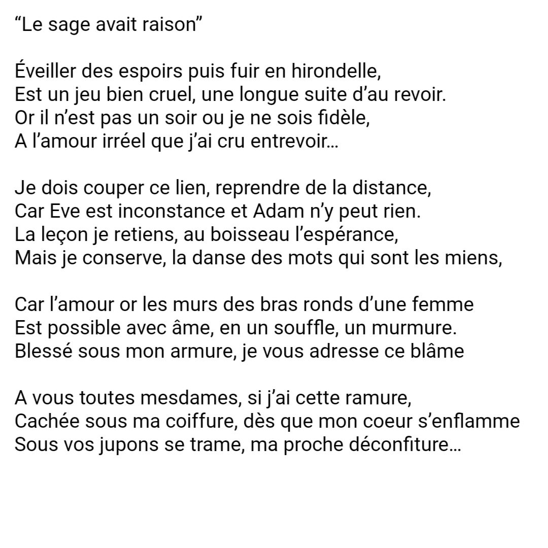 jerome_reissac's tweet photo. “Le sage avait raison”

Éveiller des espoirs puis fuir en hirondelle,
Est un jeu bien cruel, une longue suite d’au revoir.
Or il n’est pas un soir ou je ne sois fidèle,
#amour #inconstance #JérômeReissac #sonnet #poésie #Adam #Eve #ombres https://t.co/9HwNu1oDHf