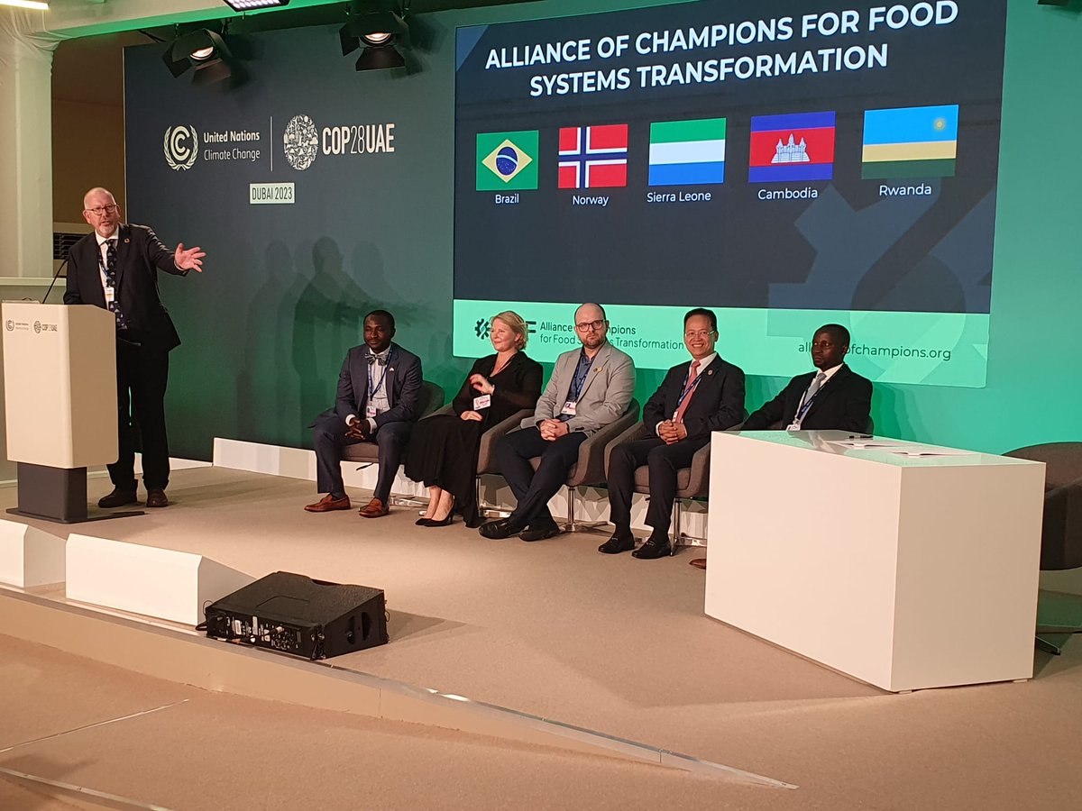 Groundbreaking to witness the launch of the #AllianceOfChampions for Food Systems Transformation at #COP28 Brazil, Norway, Sierra Leone, Cambodia + Rwanda have all committed to lead the way - reorienting policies to deliver better outcomes for people, nature + climate.…