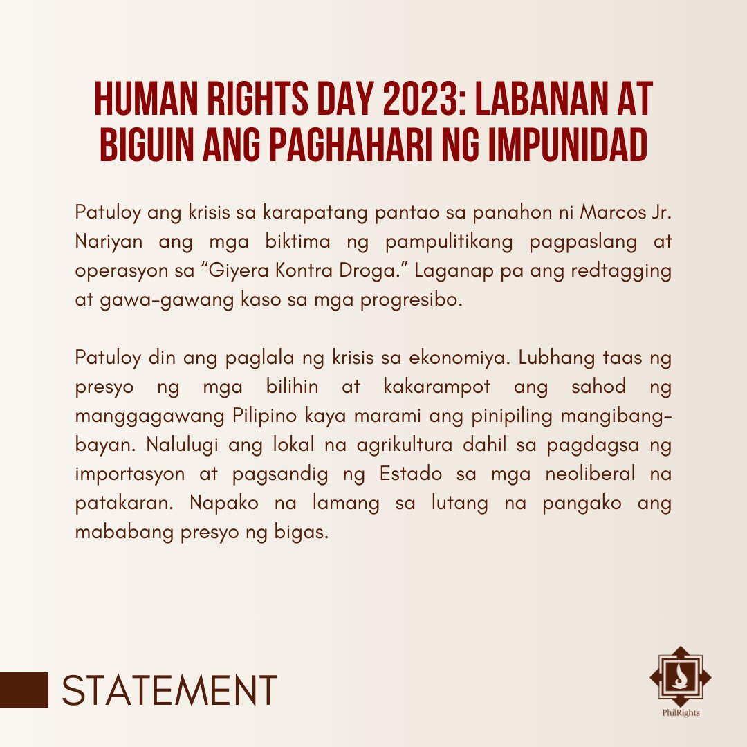 philrights's tweet photo. PAHAYAG:  Hangga’t hindi napupuksa ang ugat ng pagkaganid ng mga nasa poder at walang napapanagot sa kanilang krimen, magpapatuloy ang siklo ng pang-aapi, at madaragdagan ang mga pamilyang nawalan ng mahal sa buhay at namumuhay sa takot. Huwag nating hayaang mangyari ito. https://t.co/cKZwiWfSwS