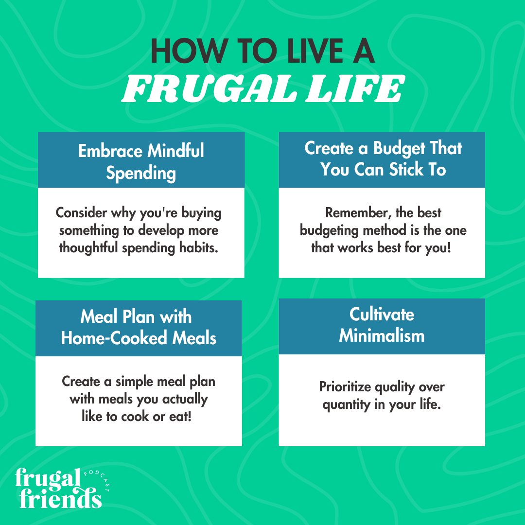 FrugalFriends_'s tweet photo. Here are 4️⃣ tactics to support you on your quest for a frugal life!

💰Embrace mindful spending
💰Create a realistic budget you can STICK to
💰Meal plan with home-cooked meals
💰Cultivate minimalism

Have you picked up any of these in your frugal journey? https://t.co/a5RwJkn3lK