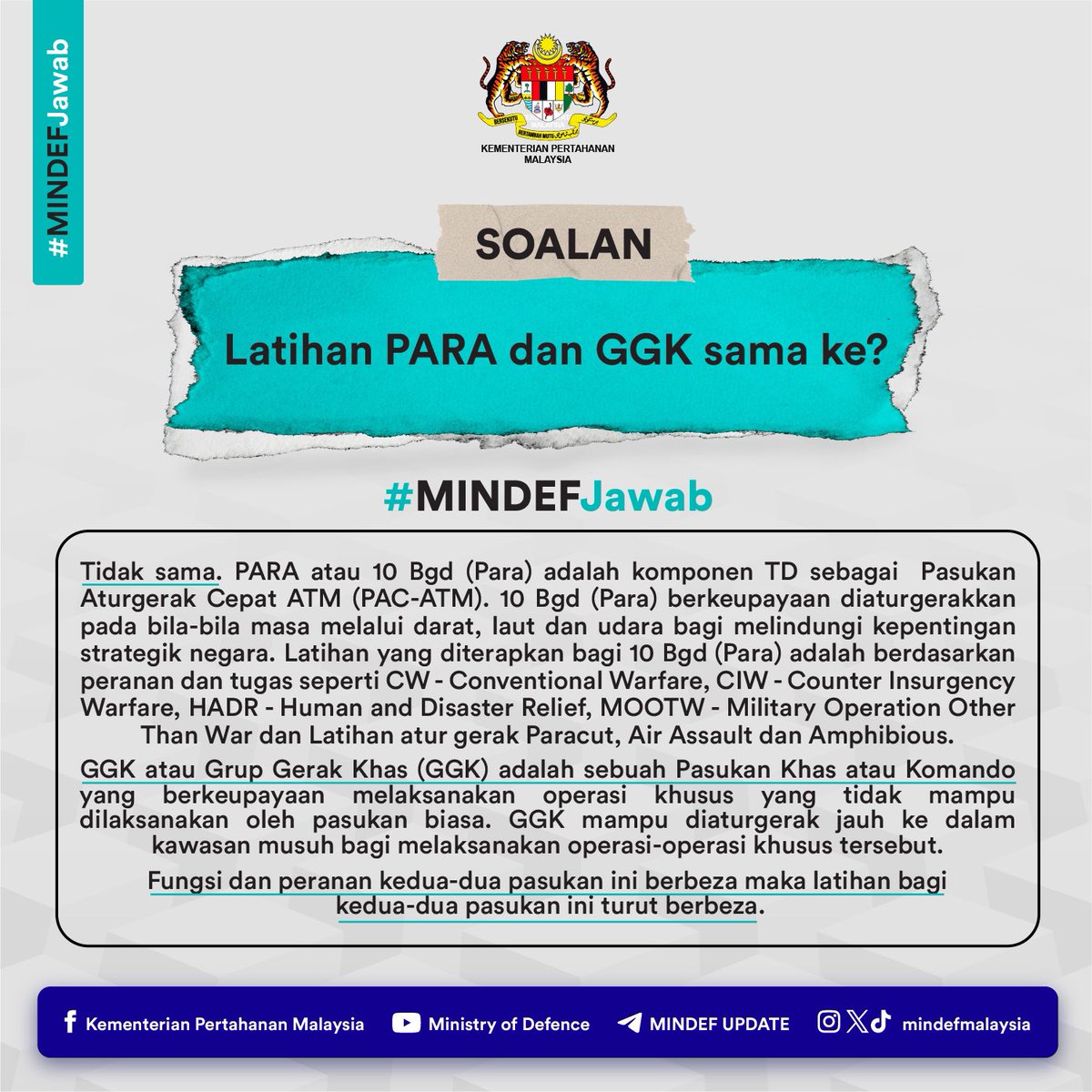 MINDEFMalaysia's tweet photo. PARA adalah komponen utama Tentera Darat Malaysia yang berperanan sebagai  Pasukan Aturgerak Cepat ATM (PAC-ATM). Pasukan ini mampu untuk diaturgerakkan pada bila-bila masa melalui darat, laut dan udara. https://t.co/Bf2SuLiUKX