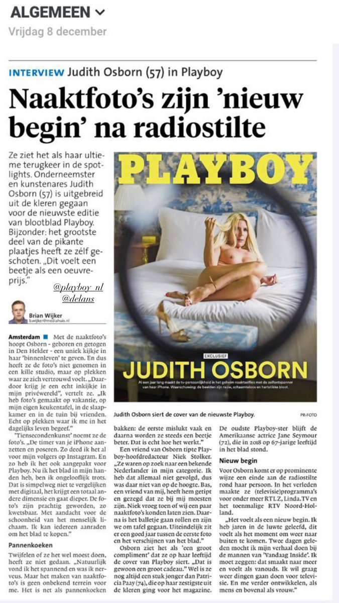 Dank <a href="/nhdagblad/">Noordhollands Dagblad</a> <a href="/Playboy_NL/">Playboy NL</a> ‘De 10 Seconden Kunst van Judith Osborn’ Op cover en 14 pagina’s groot in #playboynl  m’n oeuvre prijs en comeback ; ‘Rauw, schaamteloos en hartstikke naakt’ en zo voelt het ook 🙏🏻