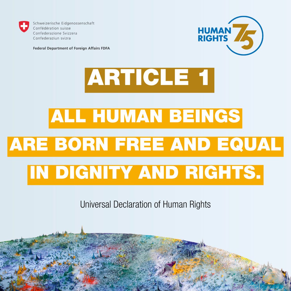 Today, #Switzerland 🇨🇭 joins @UNHumanRights 🇺🇳 in marking 75 years of #HumanRights. Without respect for human rights there can be no sustainable #peace 🕊️ Let us use the #UDHR as a compass to rise to the challenges of today, for a better tomorrow. #HumanRightsDay #HumanRights75