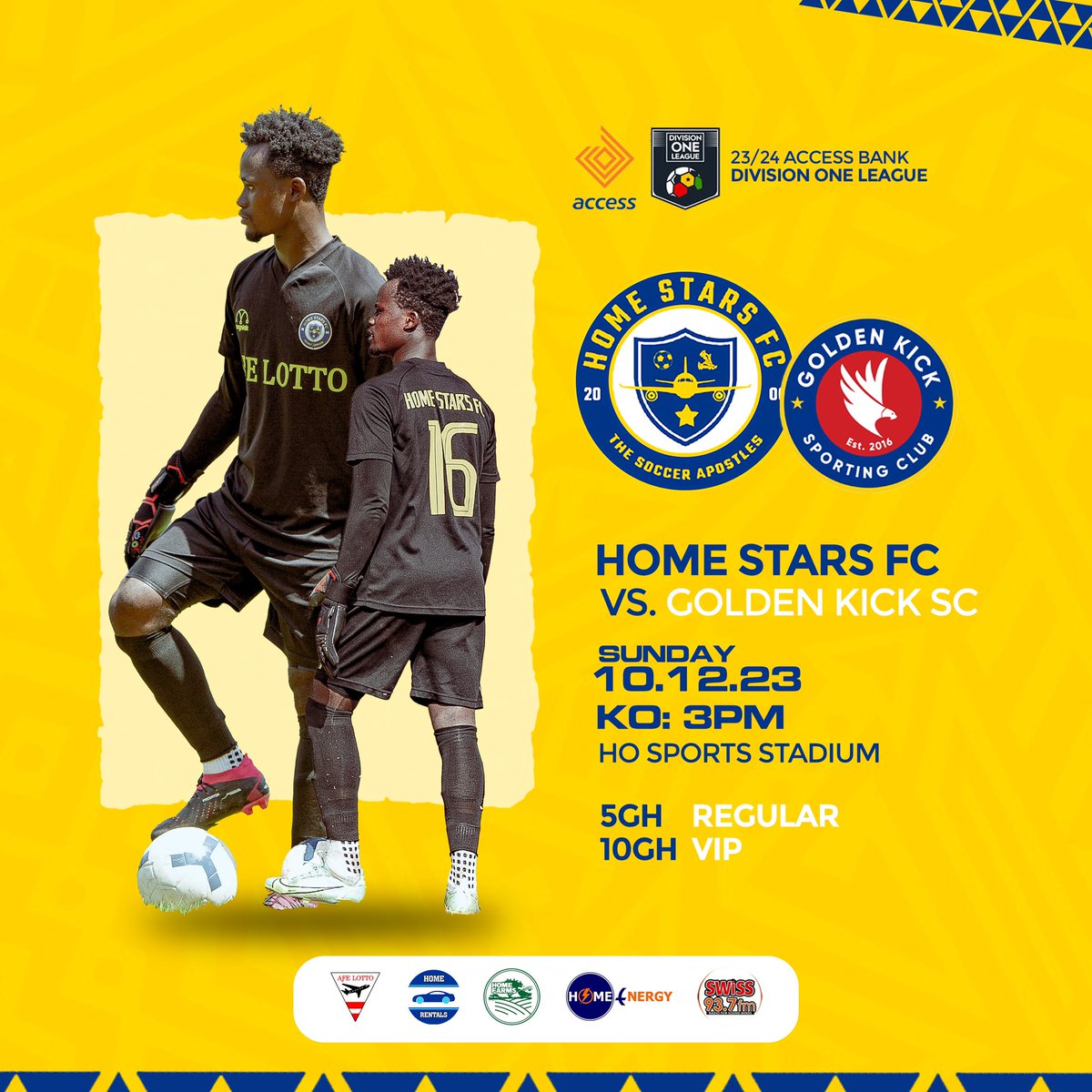 Match Day 🔵🟡🔵 Home Star FC @HOMESTARSFC1 🆚 | Golden Kick Sporting Club 🗓️ | 10 -12-2023 🏟️ | Ho sports stadium 📍 | Ho ⏰ | 3:00pm 🏆 | Access Bank Division One league Don't Miss Out.