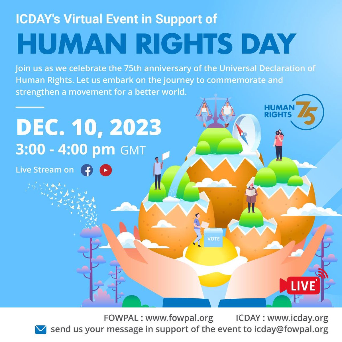 Join us as we celebrate the 75th anniversary of the Universal Declaration of #HumanRights. Let us embark on the journey to commemorate and strengthen a movement for a #BetterWorld. youtube.com/live/jc2HfsnkK…