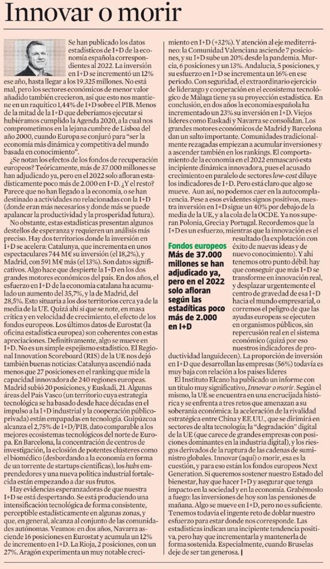 Estadísticas de I+D 2022: 👉(Solo) se incrementa la inversión en 2.000 M€. 👉Nos situamos en el 1'44% de I+D/ PIB (infame) Pero: 👉Hay un cambio de tendencia. Catalunya y Madrid tiran con fuerza 👉La I+D crece un 23% en 2 años. 👉Atención al arco Mediterráneo Innovar o morir.