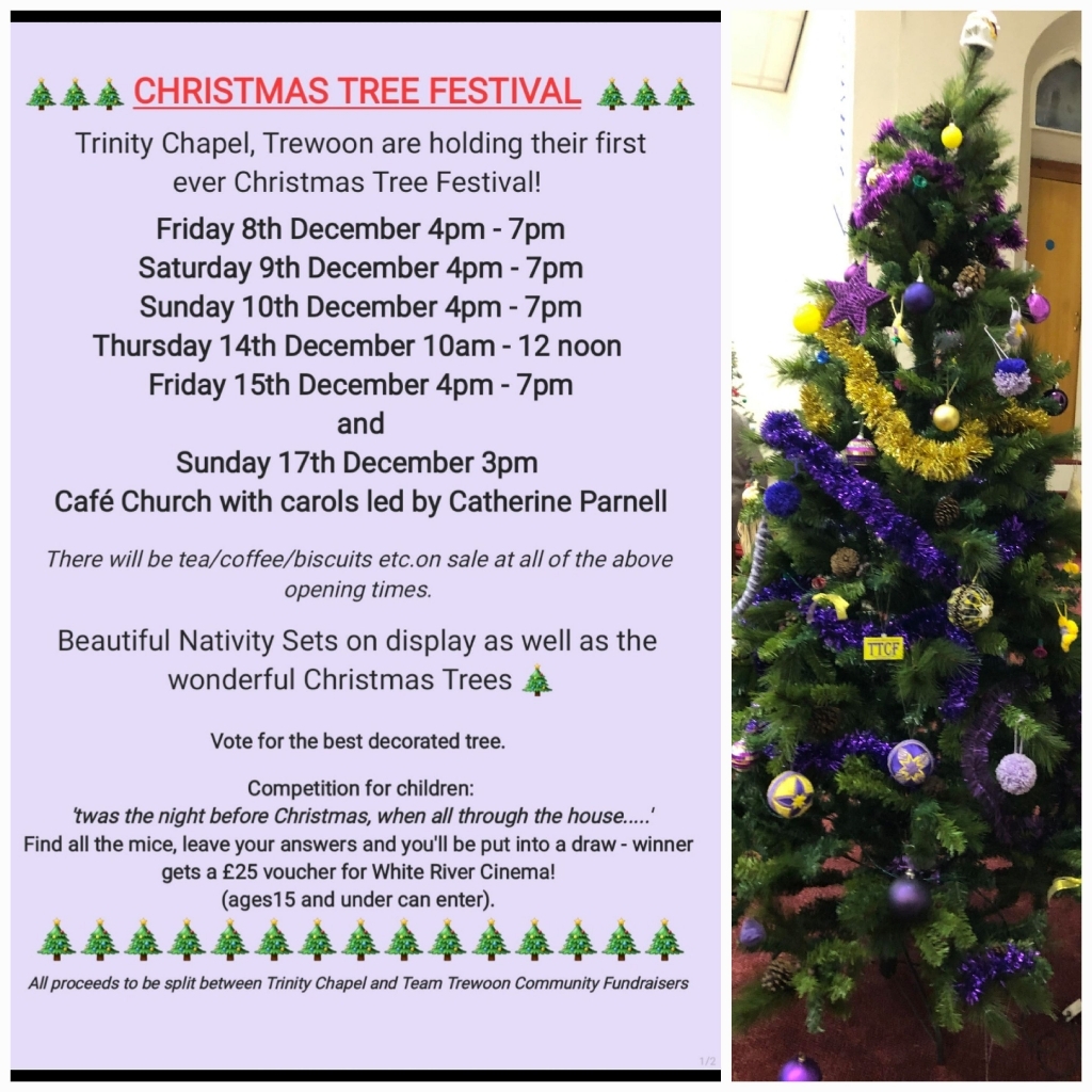 TrewoonPO's tweet photo. If you haven't been already, pop in to Trinity Chapel, Trewoon to see the beautiful displays of Christmas Trees. Open 4 - 7pm today. Enjoy a cuppa and chat whilst you're there.
#TrinityChapel
#Trewoon
#Cornwall
#Christmas #WeArePostOffice #XmasDecorations https://t.co/fDV0WvkBWE
