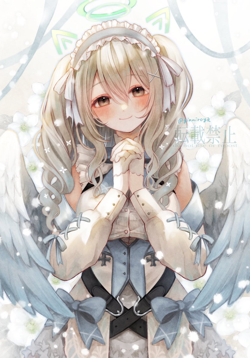 1girl wings solo halo twintails own hands together smile  illustration images